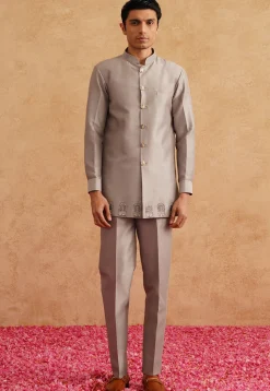 Embroidered Art Silk Jodhpuri Suit in Grey