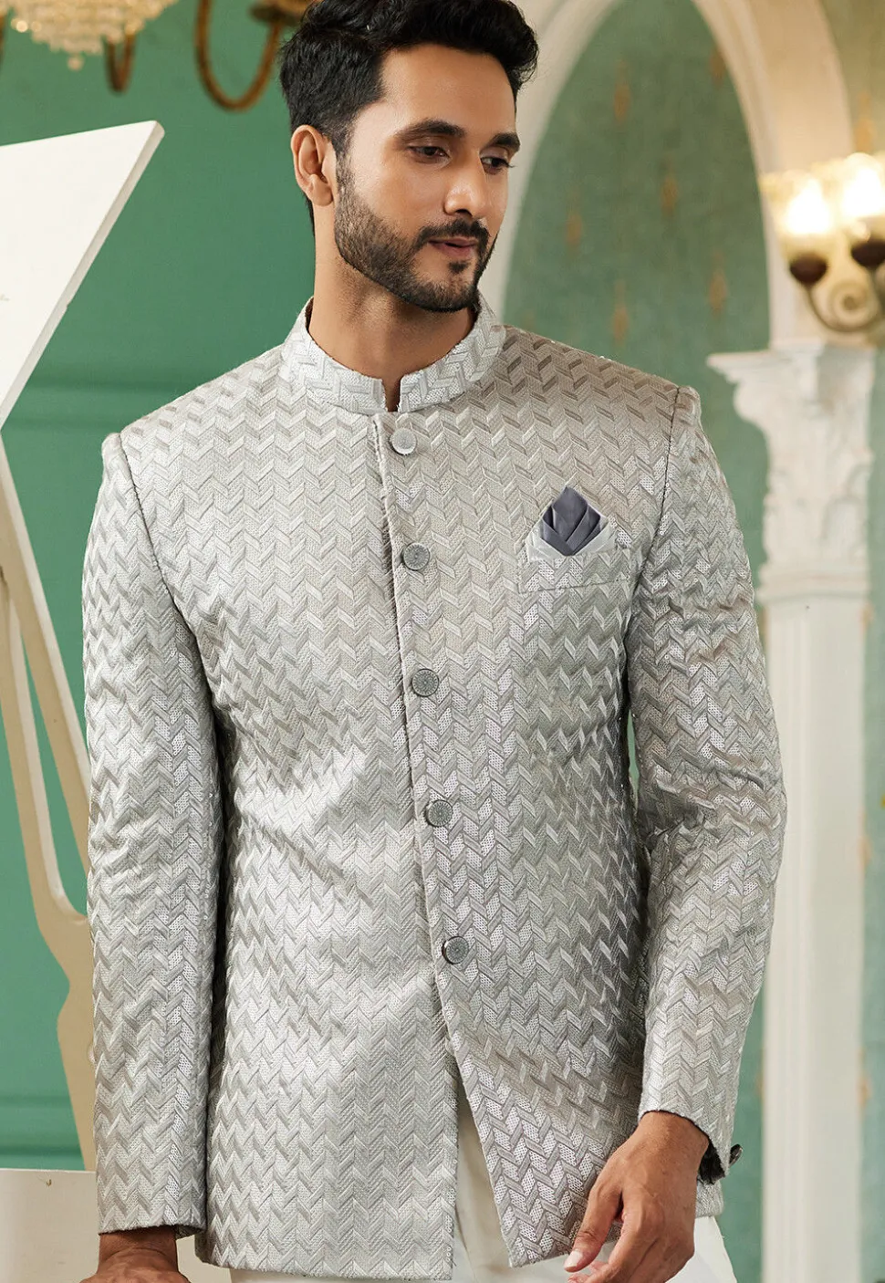 Embroidered Art Silk Jodhpuri Jacket in Grey
