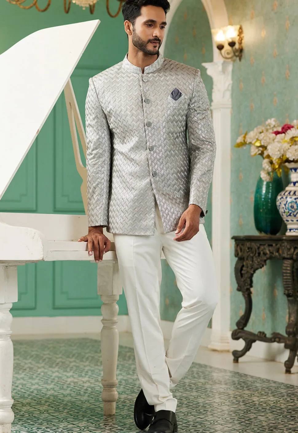 Embroidered Art Silk Jodhpuri Jacket in Grey