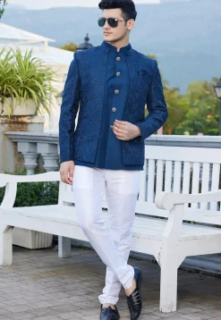 Embroidered Art Silk Jodhpuri Suit in Teal Blue