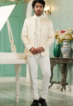 Embroidered Art Silk Jodhpuri Suit in Cream