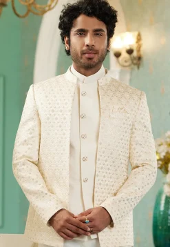 Embroidered Art Silk Jodhpuri Suit in Cream