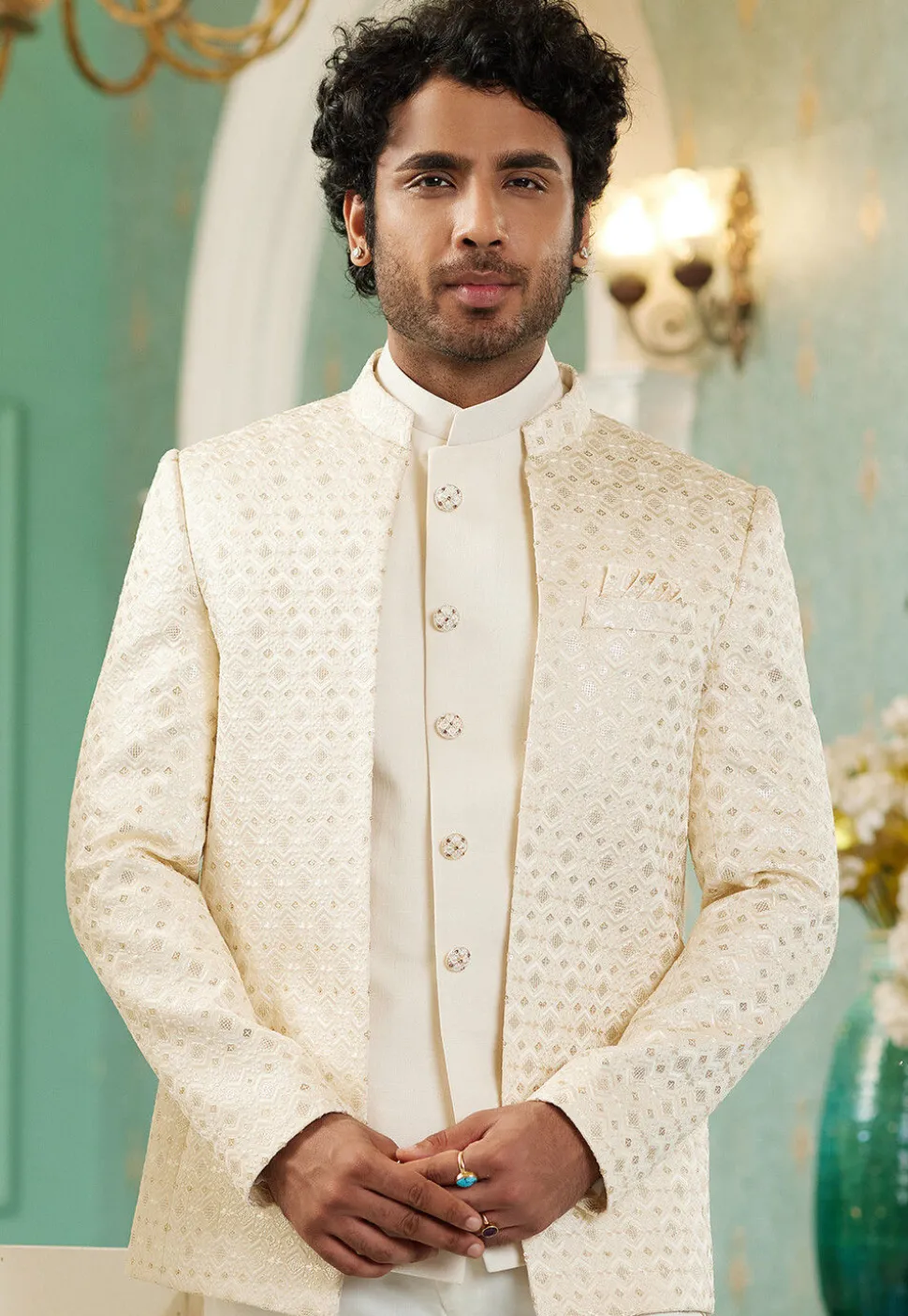 Embroidered Art Silk Jodhpuri Suit in Cream