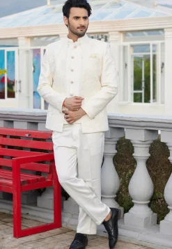 Embroidered Art Silk Jodhpuri Suit in Cream