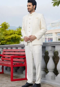 Embroidered Art Silk Jodhpuri Suit in Cream