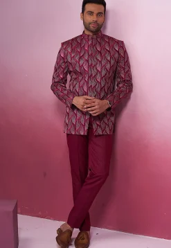 Embroidered Art Silk Jodhpuri Suit in Magenta