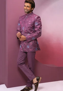 Embroidered Art Silk Jodhpuri Suit in Puprle
