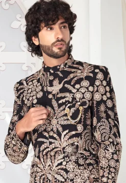 Embroidered Art Silk Jodhpuri Suit in Black