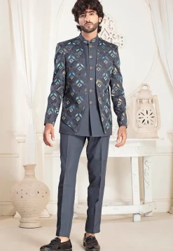 Embroidered Art Silk Jodhpuri Suit in Grey
