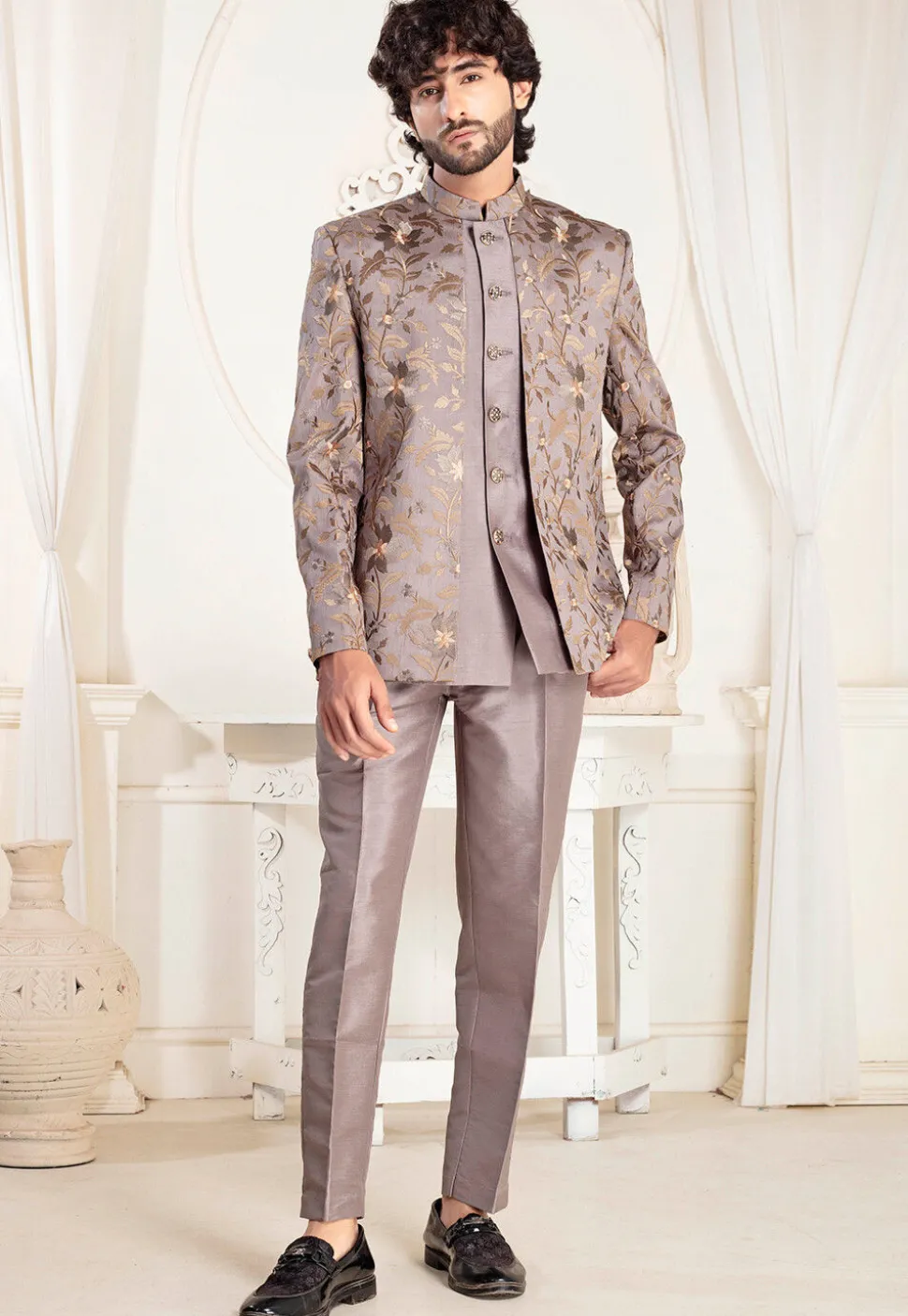 Embroidered Art Silk Jodhpuri Suit in Brown