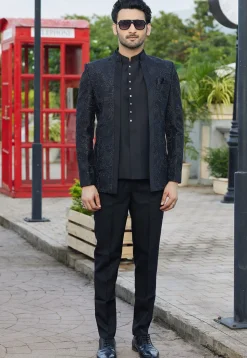 Embroidered Art Silk Jodhpuri Suit in Black