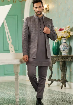 Embroidered Art Silk Jodhpuri Suit in Grey
