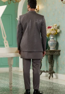 Embroidered Art Silk Jodhpuri Suit in Grey