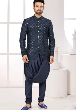 Embroidered Art Silk Jodhpuri Suit in Navy Blue Navy Blue