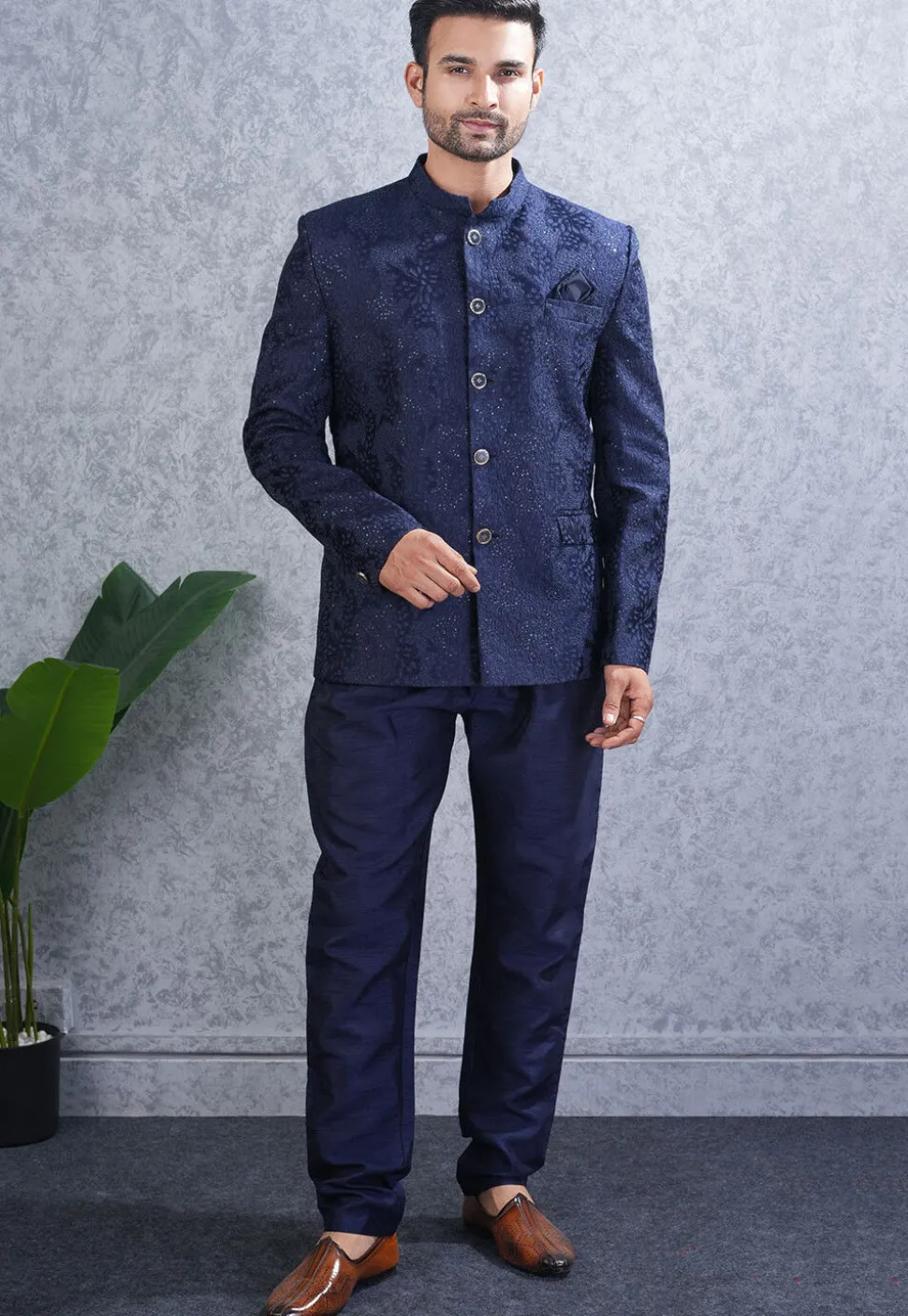 Embroidered Art Silk Jodhpuri Suit in Navy Blue