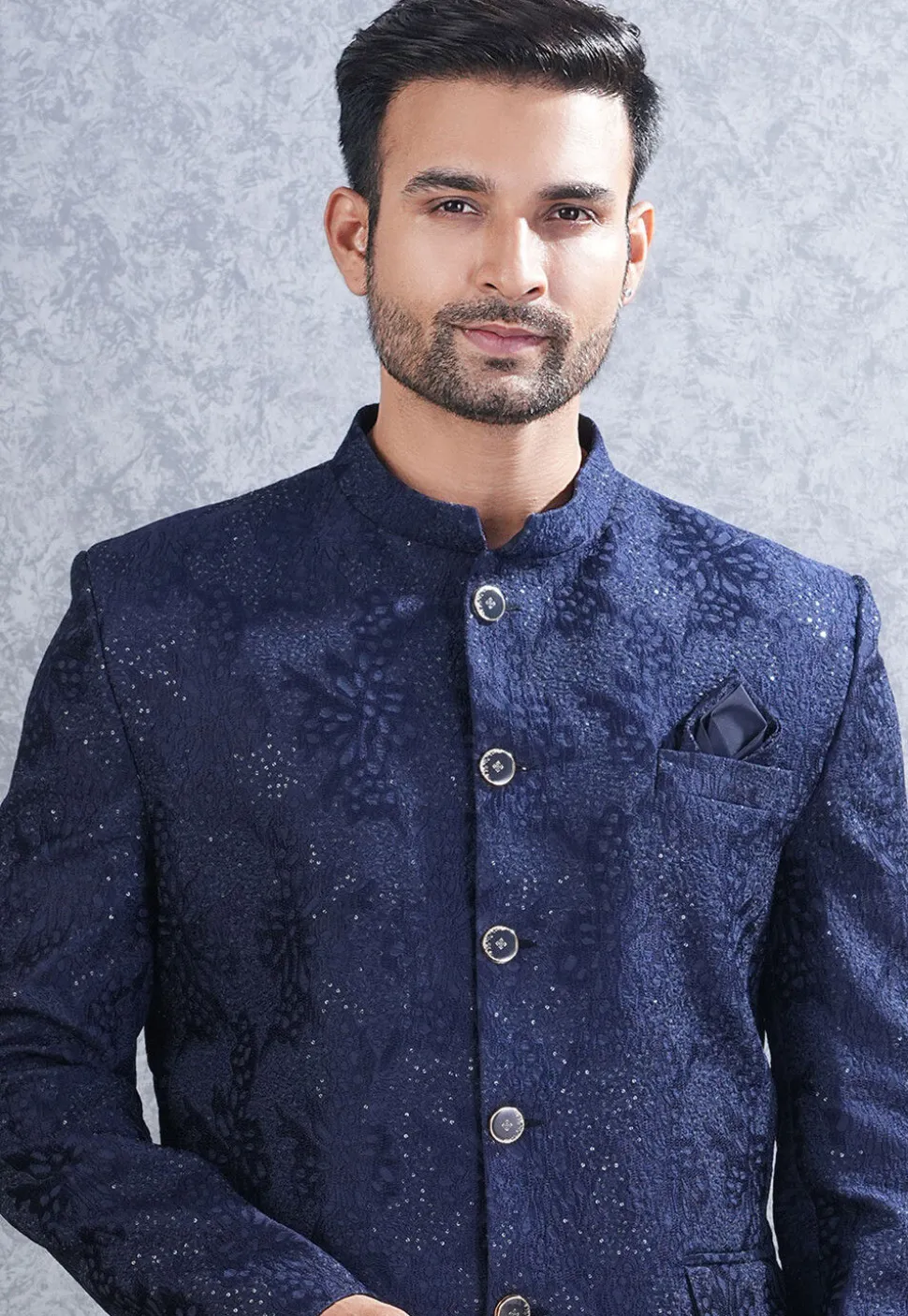 Embroidered Art Silk Jodhpuri Suit in Navy Blue