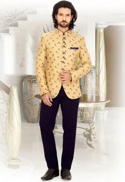 Embroidered Art Silk Jodhpuri Suit in Beige