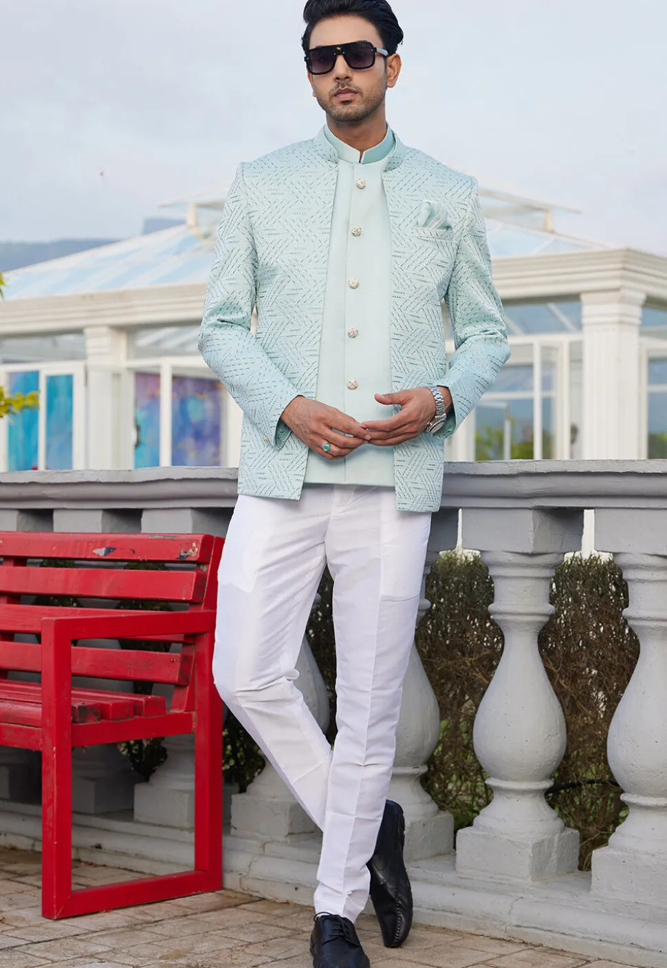 Embroidered Art Silk Jodhpuri Jacket in Sky Blue