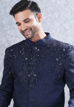 Embroidered Art Silk Jodhpuri Suit in Navy Blue