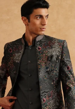 Embroidered Art Silk Jodhpuri Suit in Charcoal Black