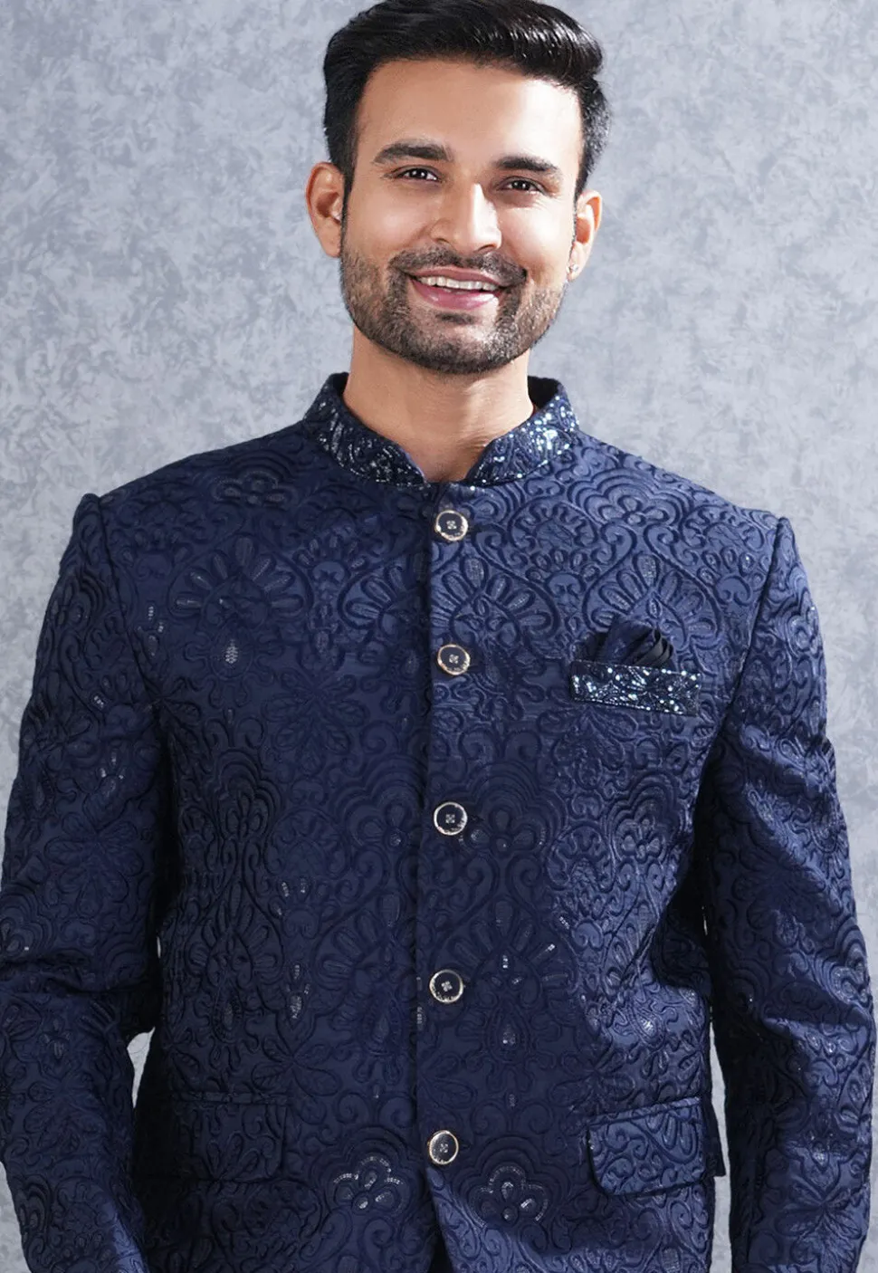 Embroidered Art Silk Jodhpuri Suit in Navy Blue