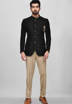 Embroidered Art Silk Jodhpuri Suit in Black
