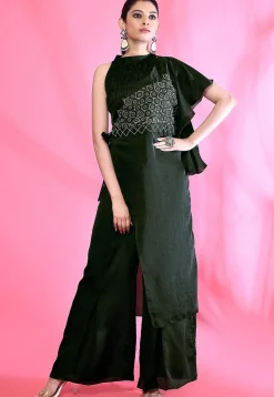 Embroidered Art Silk Jumpsuit in Dark Green