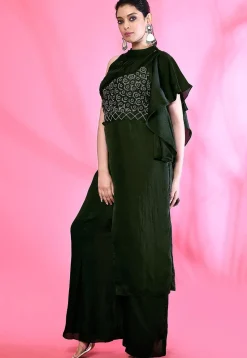 Embroidered Art Silk Jumpsuit in Dark Green