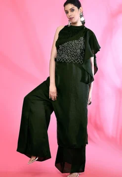 Embroidered Art Silk Jumpsuit in Dark Green