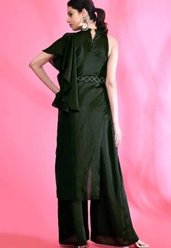 Embroidered Art Silk Jumpsuit in Dark Green