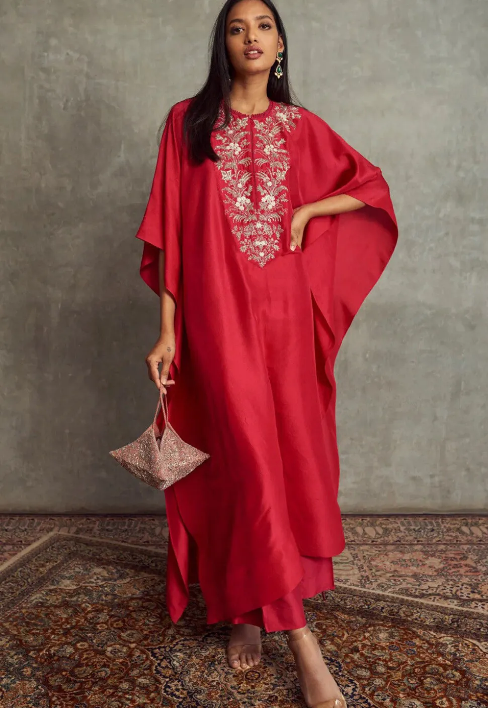 Embroidered Art Silk Kaftan Style Kurta Set in Red
