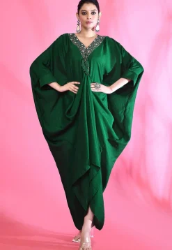 Embroidered Art Silk Kaftan Style Dress in Green