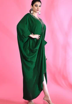 Embroidered Art Silk Kaftan Style Dress in Green