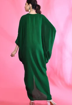 Embroidered Art Silk Kaftan Style Dress in Green