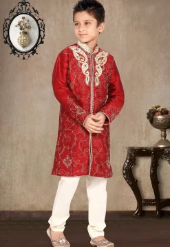 Embroidered Art Silk Kurta Pyjama Set in Red
