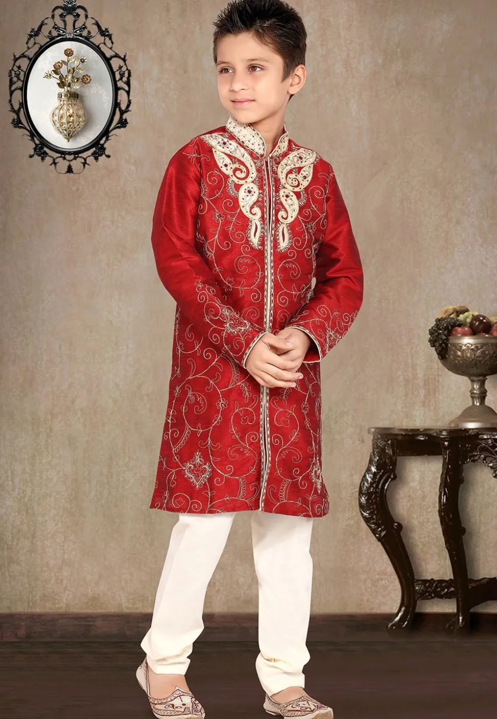 Embroidered Art Silk Kurta Pyjama Set in Red