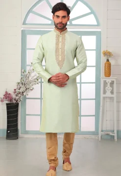 Embroidered Art Silk Kurta Set in Sea Green