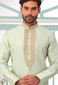 Embroidered Art Silk Kurta Set in Sea Green