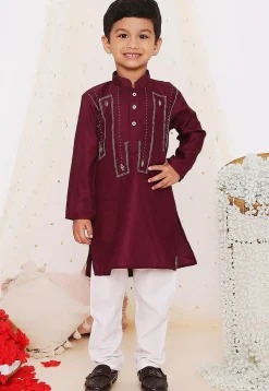 Embroidered Art Silk Kurta Set in Wine