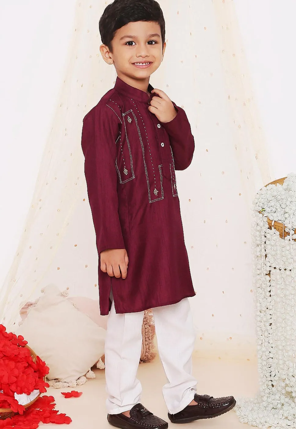 Embroidered Art Silk Kurta Set in Wine
