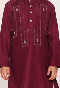 Embroidered Art Silk Kurta Set in Wine