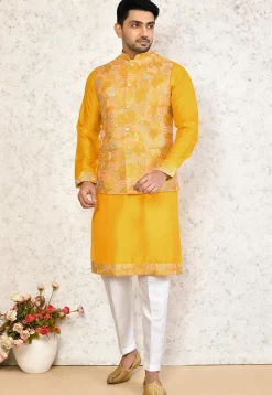 Embroidered Art Silk Kurta Set in Yellow