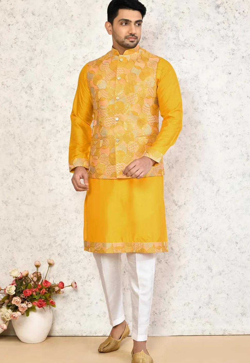 Embroidered Art Silk Kurta Set in Yellow