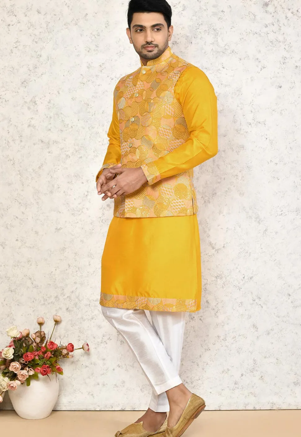 Embroidered Art Silk Kurta Set in Yellow