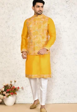 Embroidered Art Silk Kurta Set in Yellow