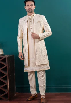 Embroidered Art Silk Kurta Set in Beige