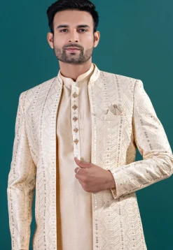 Embroidered Art Silk Kurta Set in Beige