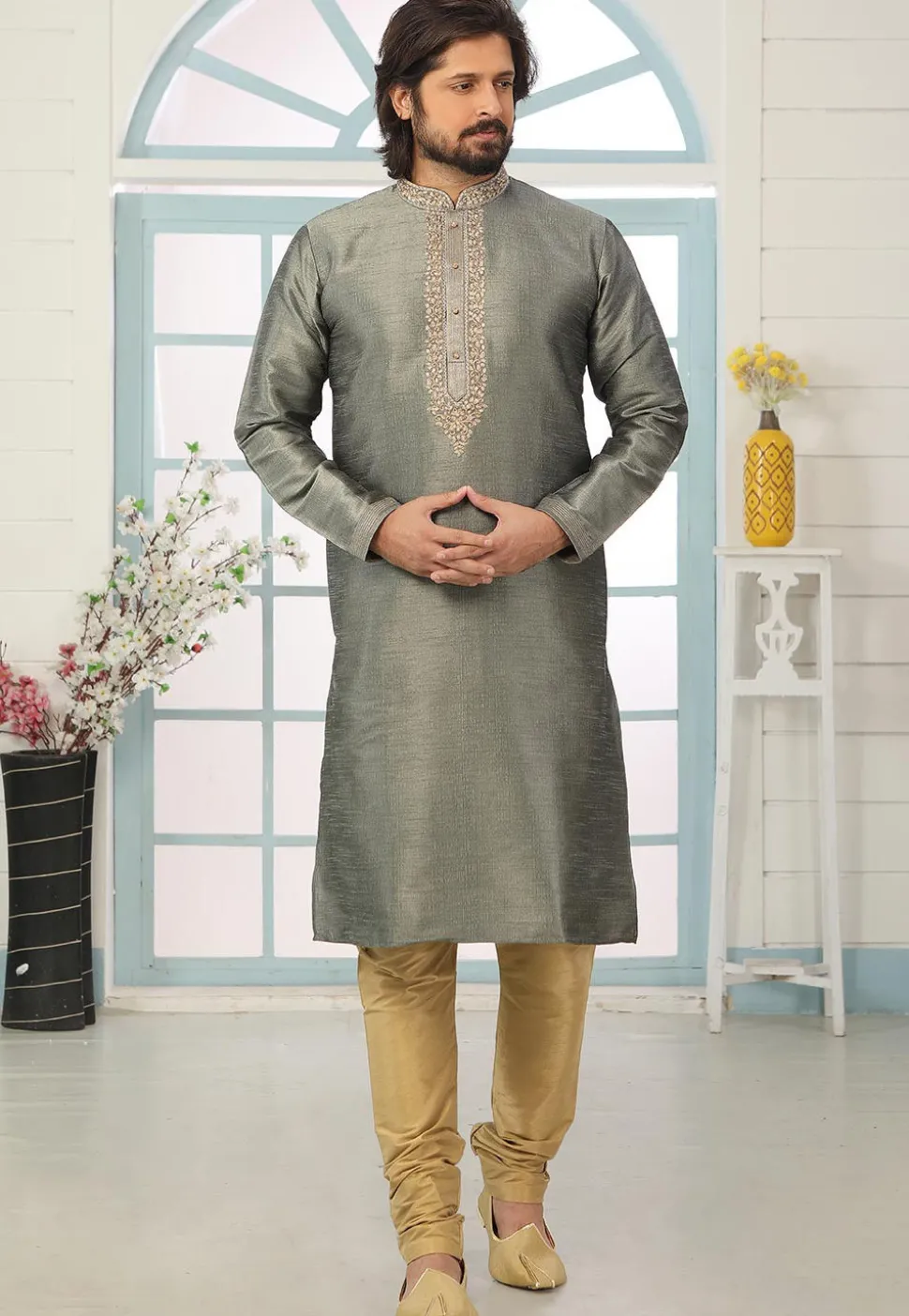 Embroidered Art Silk Kurta Set in Grey