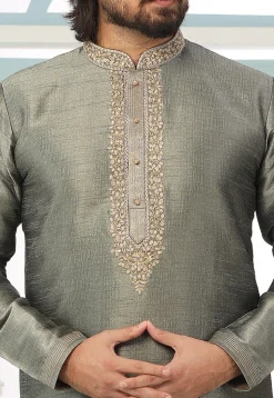 Embroidered Art Silk Kurta Set in Grey
