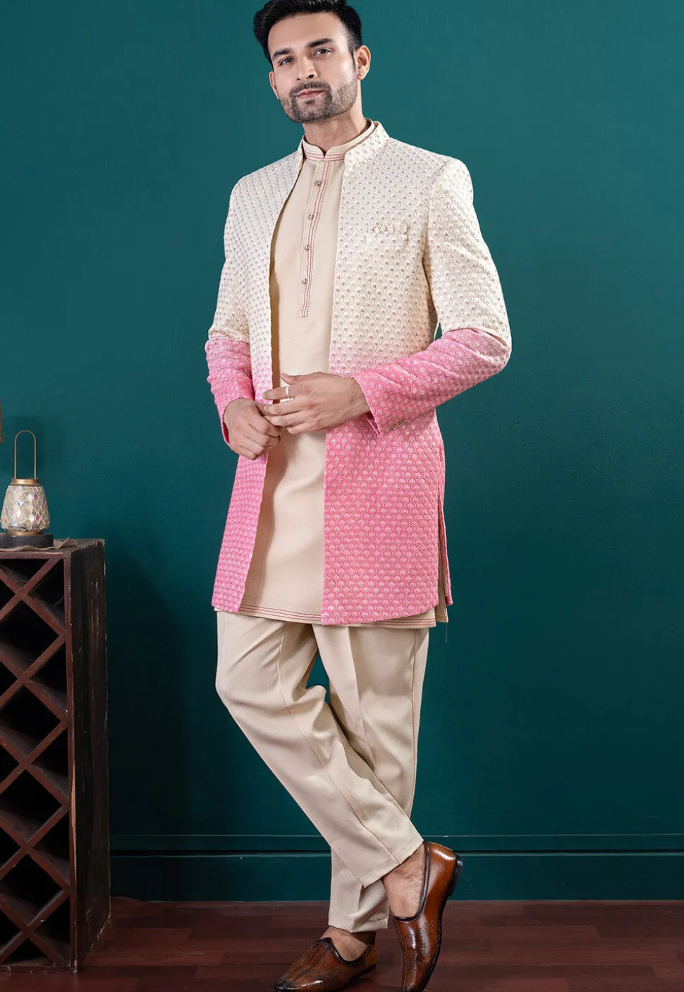 Embroidered Art Silk Kurta Set in Beige